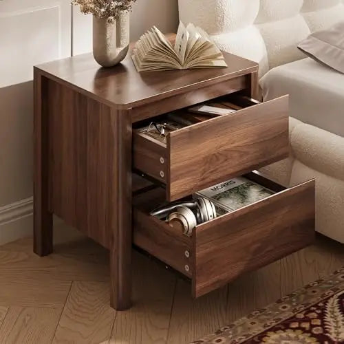 Walnut Nightstands Set of 2, Mid Century Modern Bede Table with Hidden Handles and Wood Legs, Wooden End Table with 2