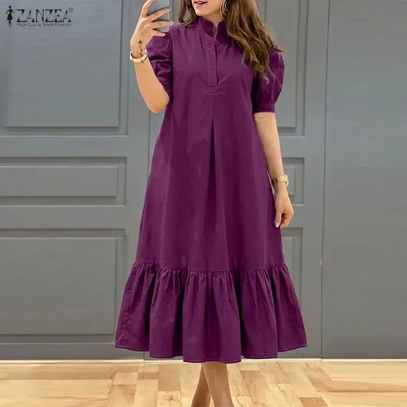 Women Casual A-Line Midi Dress Stand Collar Half Puff Sleeves Solid Color Loose Dresses ZANZEA Minimalist Daily Wear Vestidos