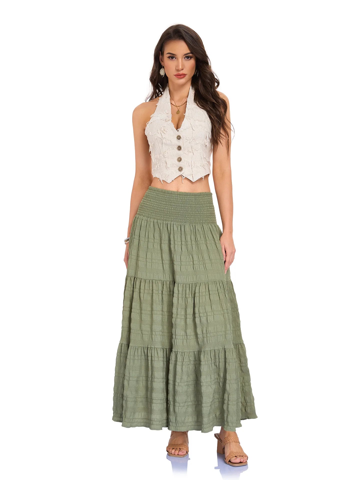 New In 2026 Women's Spring Summer Casual Long Skirts Female Elasticity High Waist Solid Color Maxi Skirt