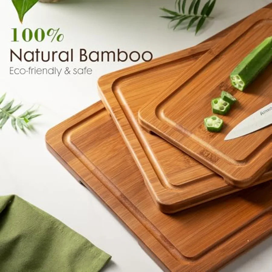 Bamboo Cutting Boards for Kitchen with Wood Storage Stand, Reversible Charcuterie and Chopping Boards with Juice Grooves and Ea