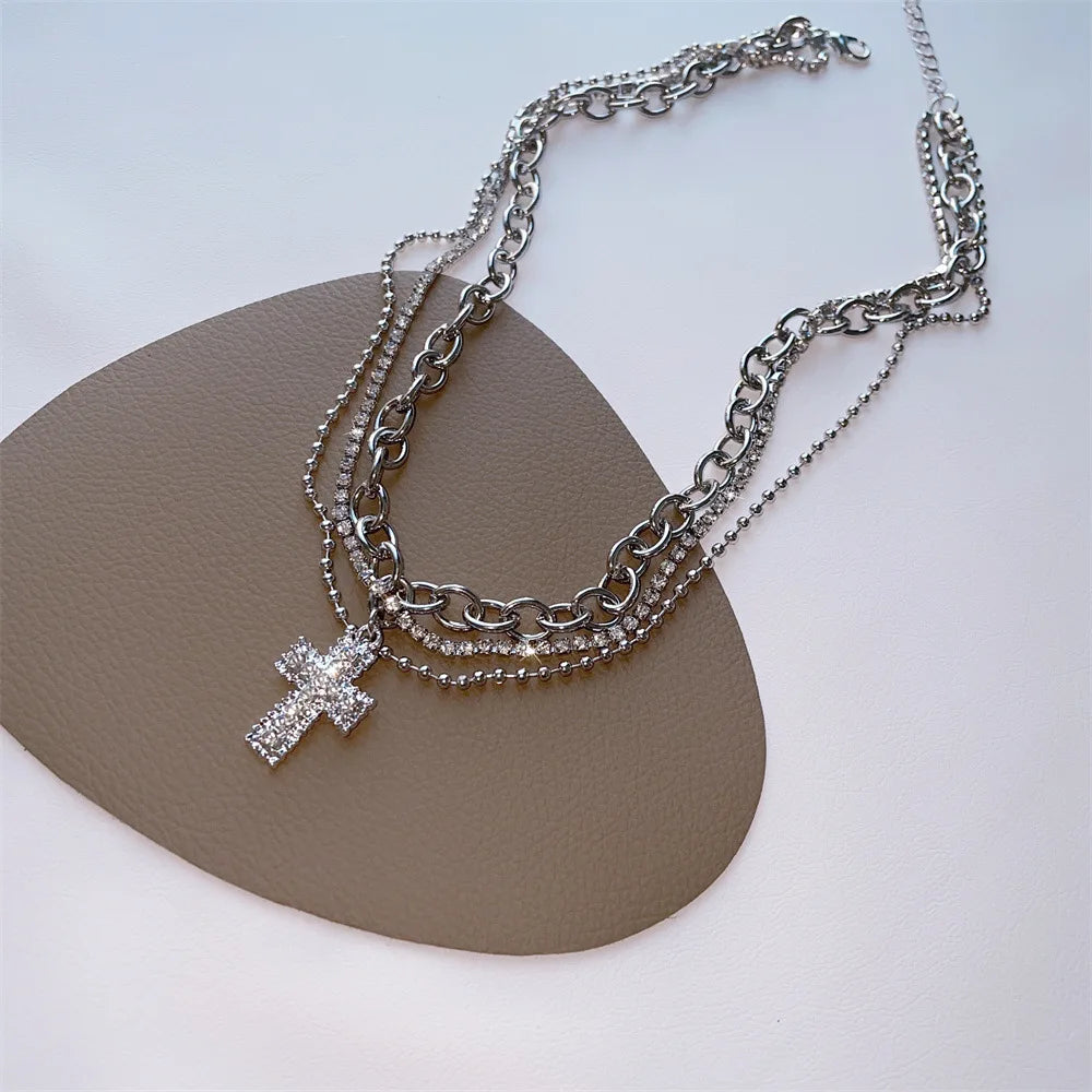 Punk Zircon Cross Pendant Necklace for Men Women Spicy Girl Sweet and Cool Style Multi Layered Necklace Gothic Jewelry Gifts