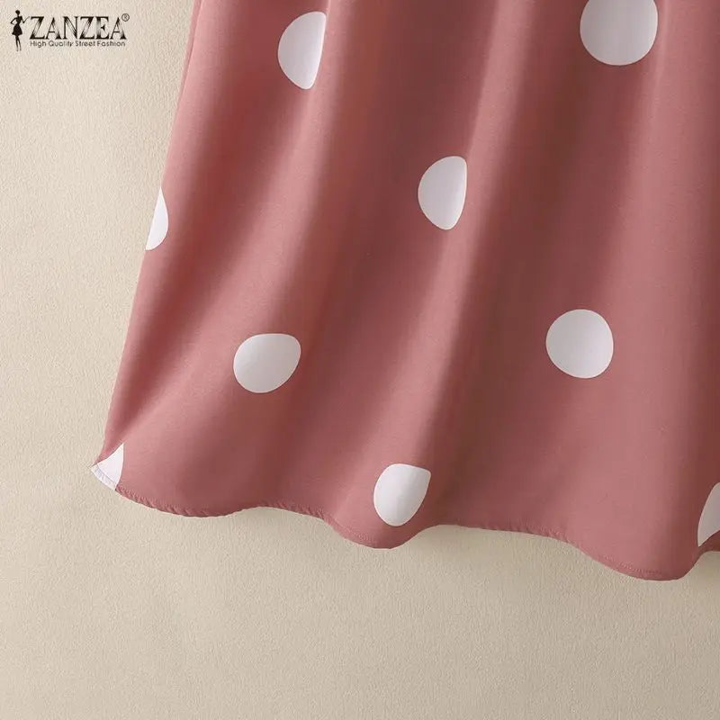 ZANZEA Women Polka Dots Midi Dress Casual Turn-Down Collar Cap Sleeve Half-Button Elastic Waist A-Line Dresses Commute Robes