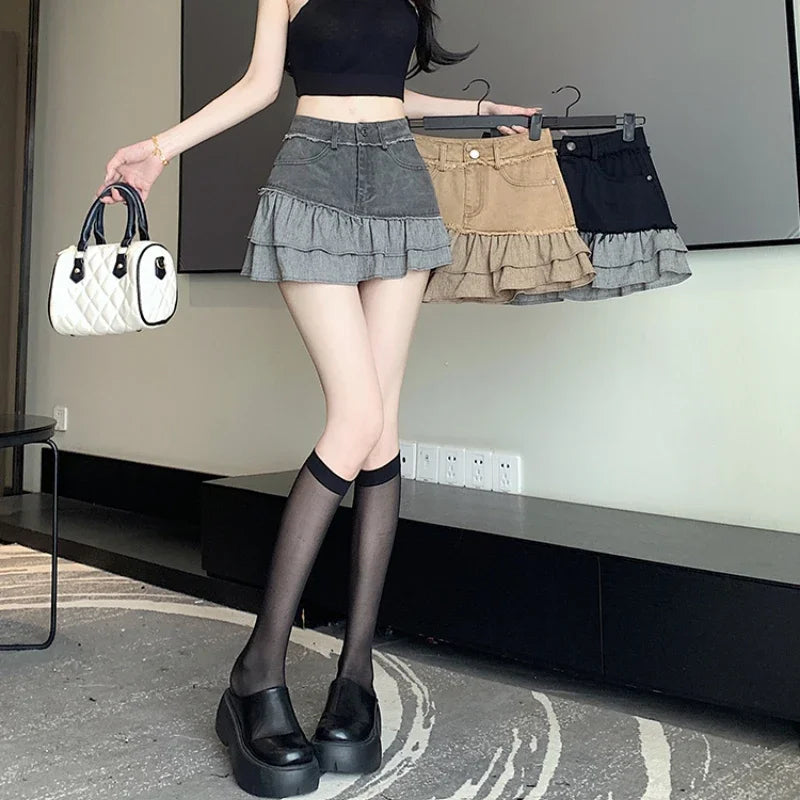 Fashion 2025 New Denim Patchwork Ruffle Denim Skirts Women Summer Retro High Waist Slim Skirts Woman