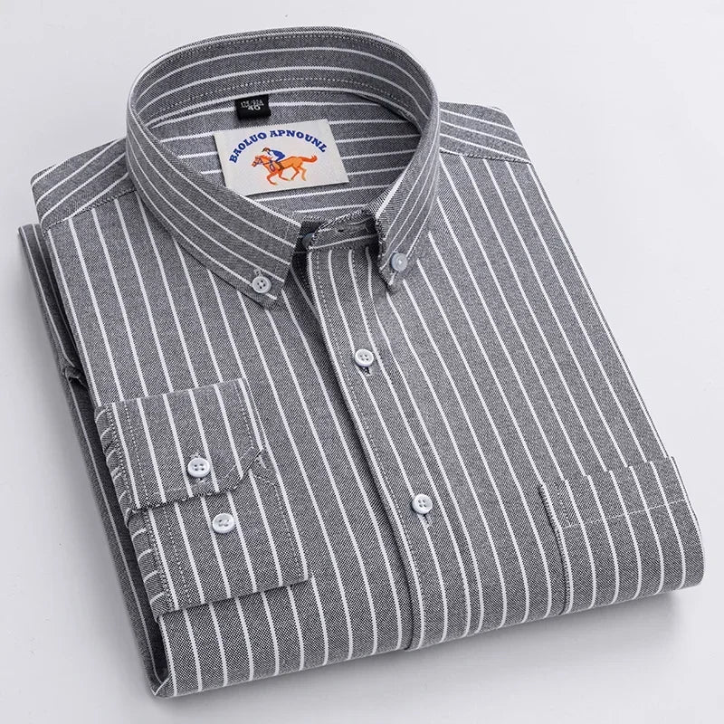 Premium Pure Cotton Oxford Shirt For Men Long Sleeve With Embroidered Horse Design Regular Fit White Dress Shirt