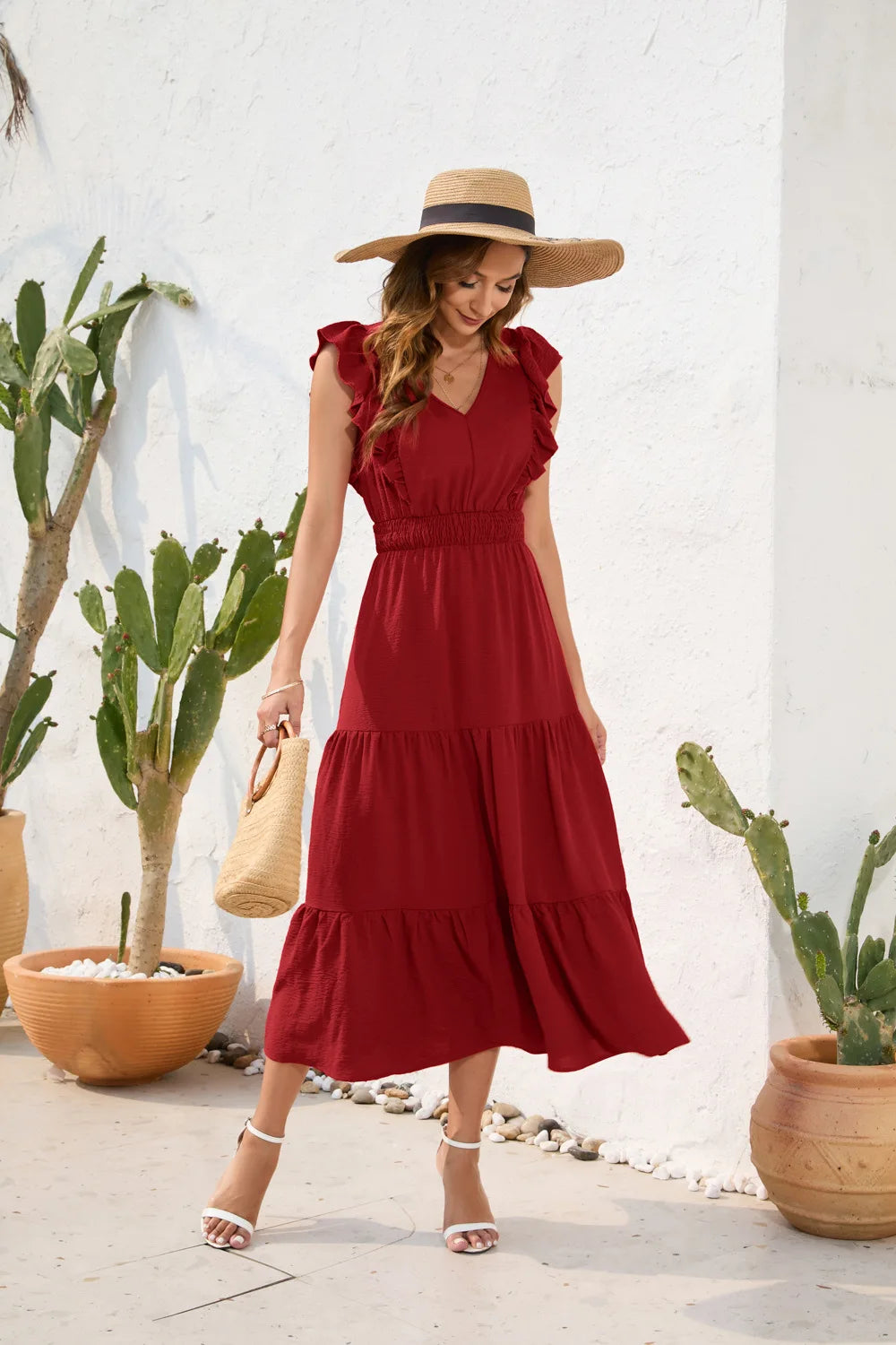 VigoCasey 2026 Summer Female Solid Long Dress Women Sexy Ruffle Sleeveless V Neck Long Dress Lady Casual High Waist Dresses