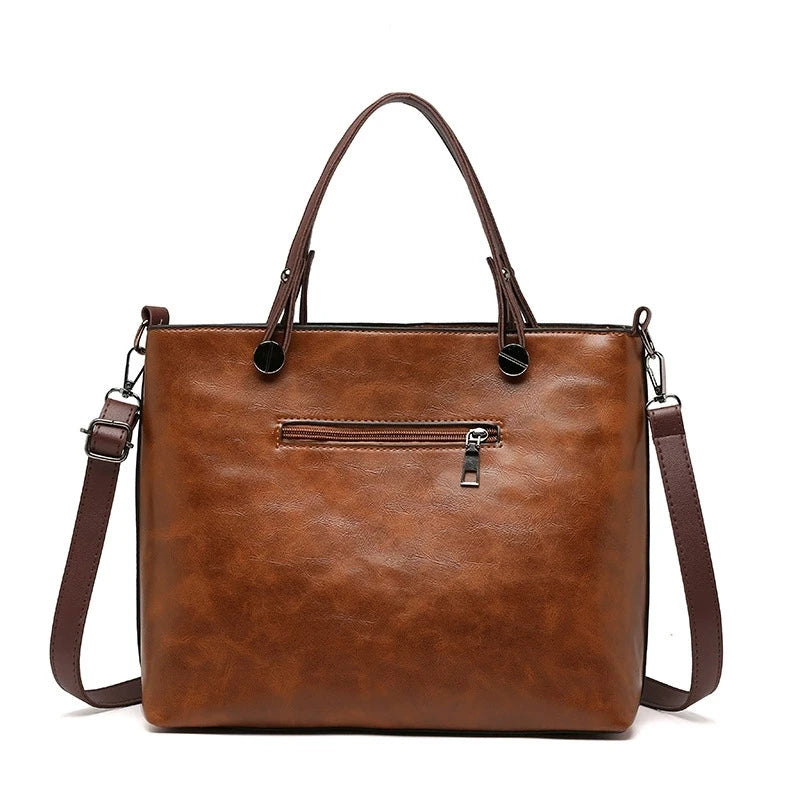Retro Leather Handbag Shoulder Bag for Women with Double Pocket, Large Capacity, Vintage Lady's Tote Bag, Simple Crossbody Bags