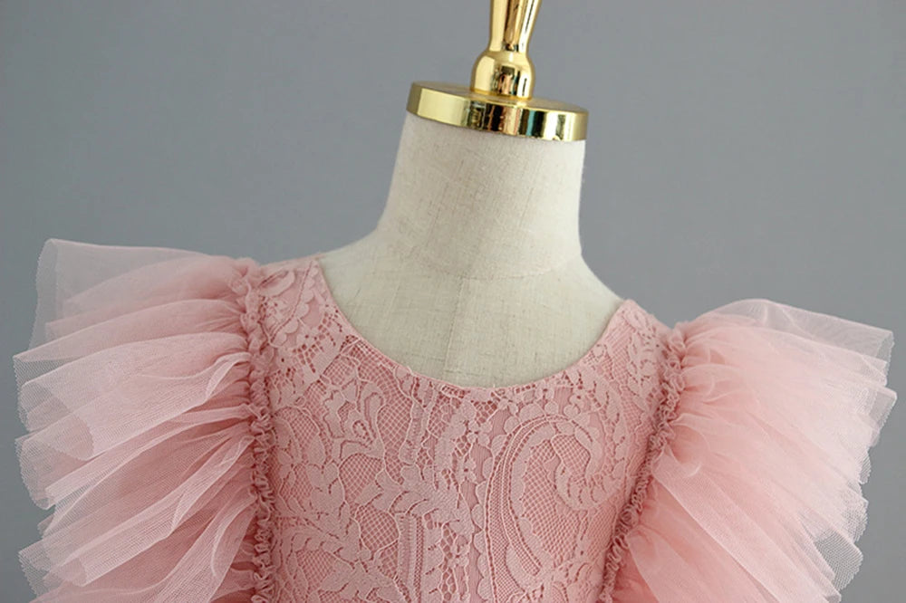 HETISO Summer Girls Birthday Dresses Pink Lace Formal Event Costumes Kids First Communion Gown Flower Wedding Dress 1-6T