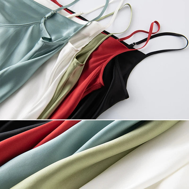 Women's Summer New Style French 100% Natural Mulberry Silk Plain Satin Swing Collar Temperament Camisole Slim Fit Party Dress