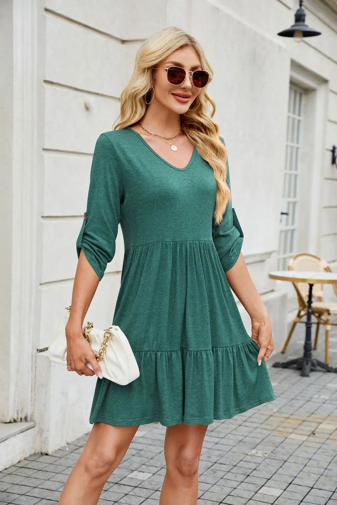 Women Spring Summer Loose 3/4 Sleeve V-Neck Ruched Ruffled Flowy Midi Dress EU US