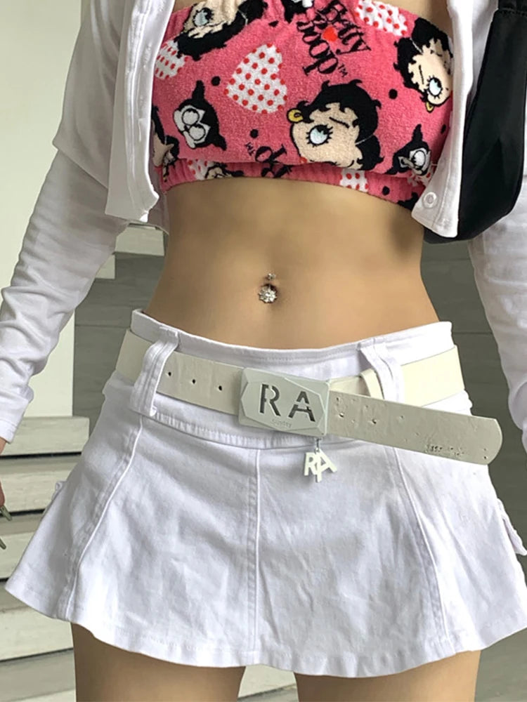 AltGoth Harajuku Y2k Denim Skirt Women Dark Gothic Streetwear Mini Skirt with Skull Belt Mall Goth Punk Grunge Sexy Emo Clubwear