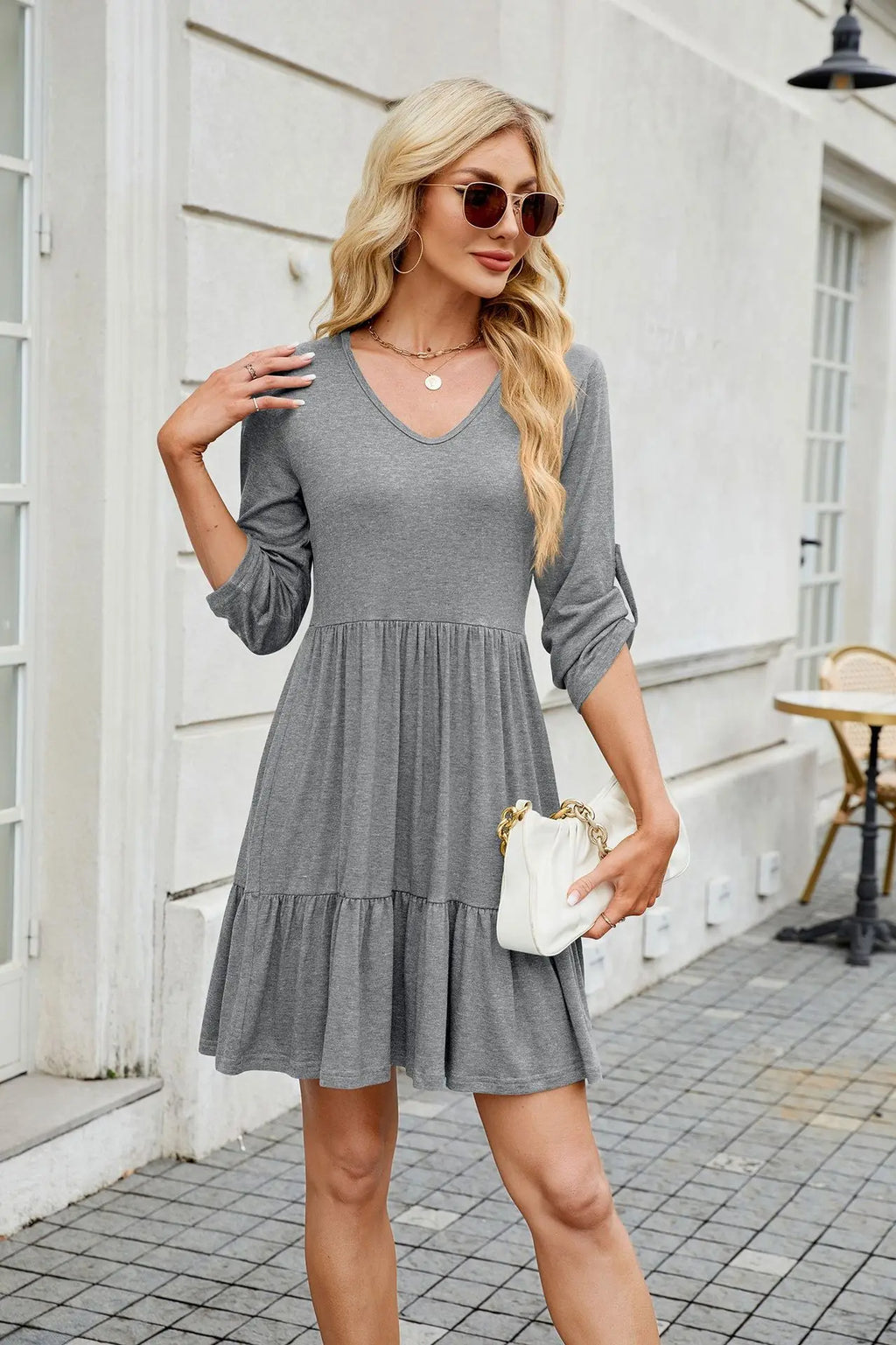 Women Spring Summer Loose 3/4 Sleeve V-Neck Ruched Ruffled Flowy Midi Dress EU US