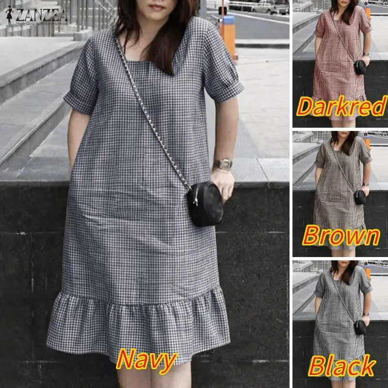 Summer Women's Gingham Knee-Length Dress Suqare Neck Short Puff Sleeve A-Line Ruffled Hem Dresses ZANZEA Daily Casual Robe Femme