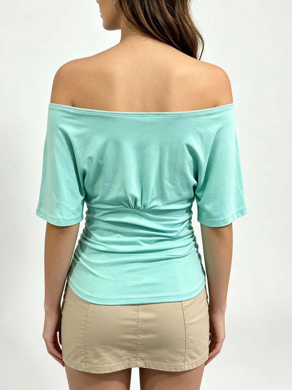 Women Casual Off Shoulder T-Shirts Tops Solid Ruched Short Sleeve Slouchy T-shirts Tees Tops