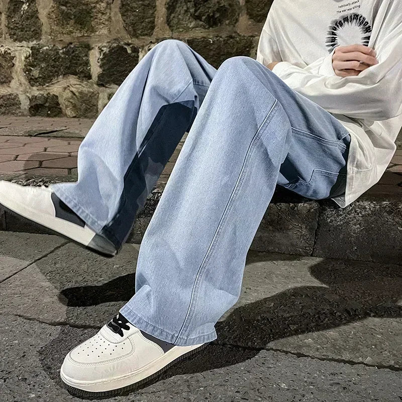 2026 New Streetwear Loose Jeans Men Korean Style Fashion Loose Straight Wide Leg Pants Men's Brand Clothing Black Light Blue