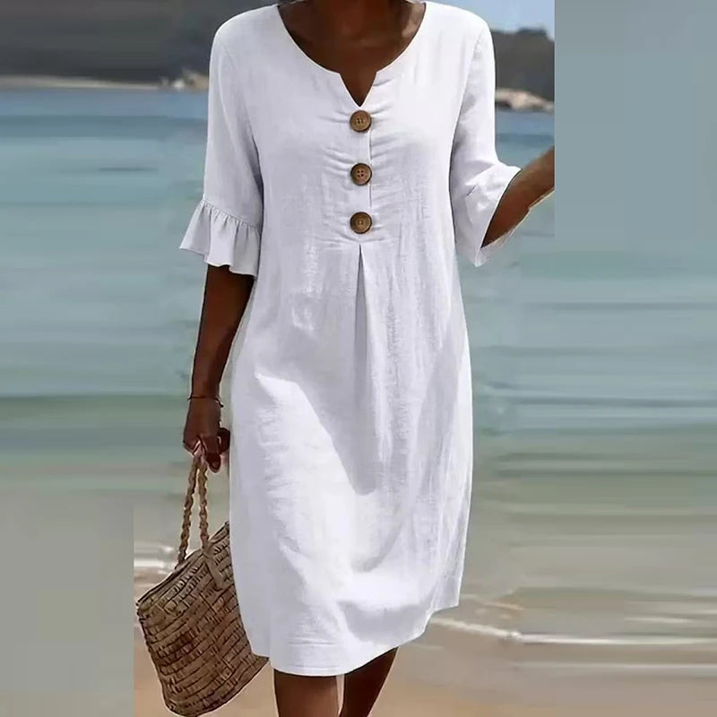 Summer Vintage Printed Dress Women Casual V Neck Half Sleeve Button Design Midi Dresses For Women Loose Beach Holiday Dress Boho