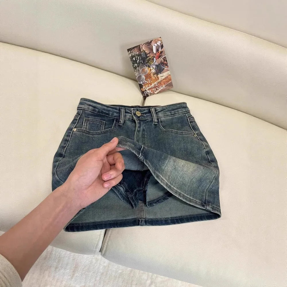 Plus Size Retro Denim Mini Skirt Summer New American Style Hot Girl High Waist Anti-Light Slim A- Line Wrap around Short Skirt