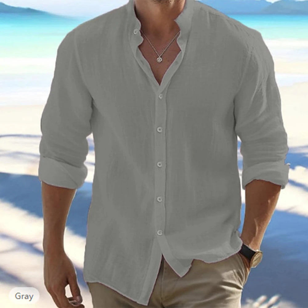 Cotton Linen  Men'S Long-Sleeved Shirts Summer Solid Color Stand-Up Collar Casual Beach Style Plus Size
