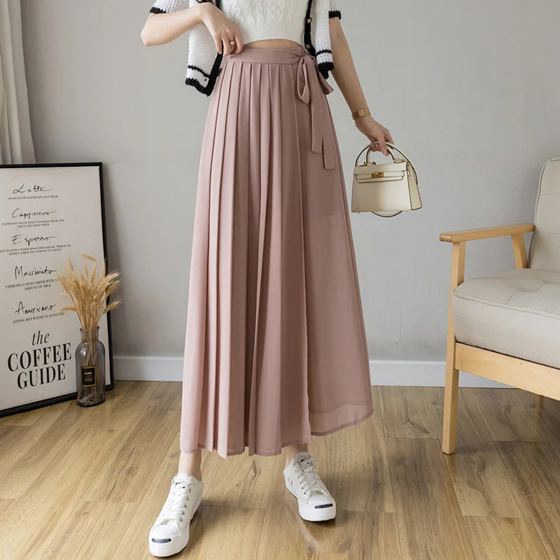 Summer Elastic Pleated Skirt Women Chiffon Trouser Skirt High Waist Casual Wide Leg Pants Fashion Streetwear Pants Pantalones