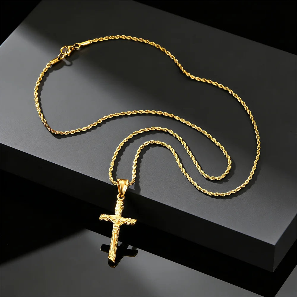 Stainless Steel Cross Necklace For Men, Christian Jesus Pendant Necklace, Catholicism Religious Faith Jewelry Easter Gifts