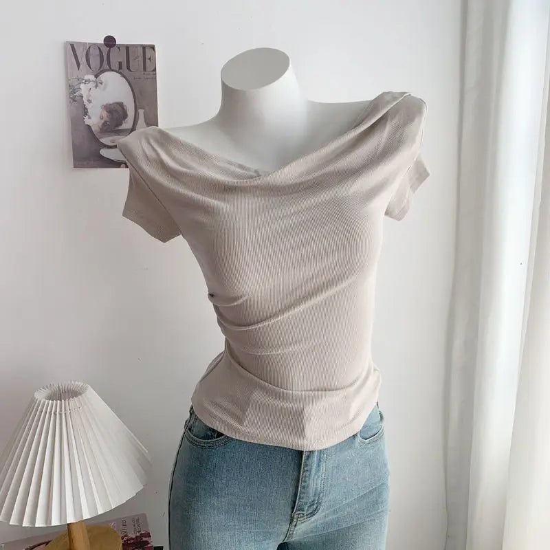 Summer Short Sleeve T-Shirt Shoulder Bared Open Neck Irregular Pleated Korean Style Slim Fit Pure Color Modal Fabric Ladies Top