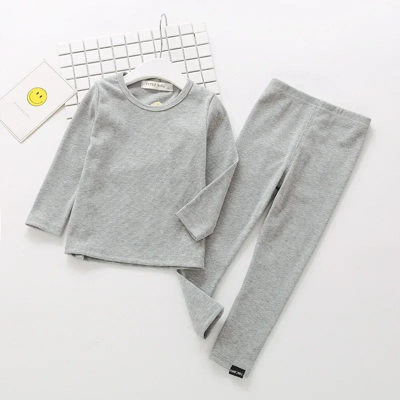 Kids Unisex Ribbed Cotton Pajama Set - Long Sleeve Pullover & Pants