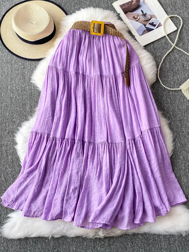 White Casual Mid-Length Puffy Skirt Women's Summer High Waist Slimming Cake Skirt Korean Sle Commute A-Line Skirt