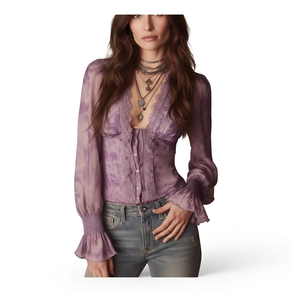 Women's V Neck Long Sleeve Blouse Tie Dye Print Smocked Flare Cuff Button Front Loose Casual Ladies Shirt