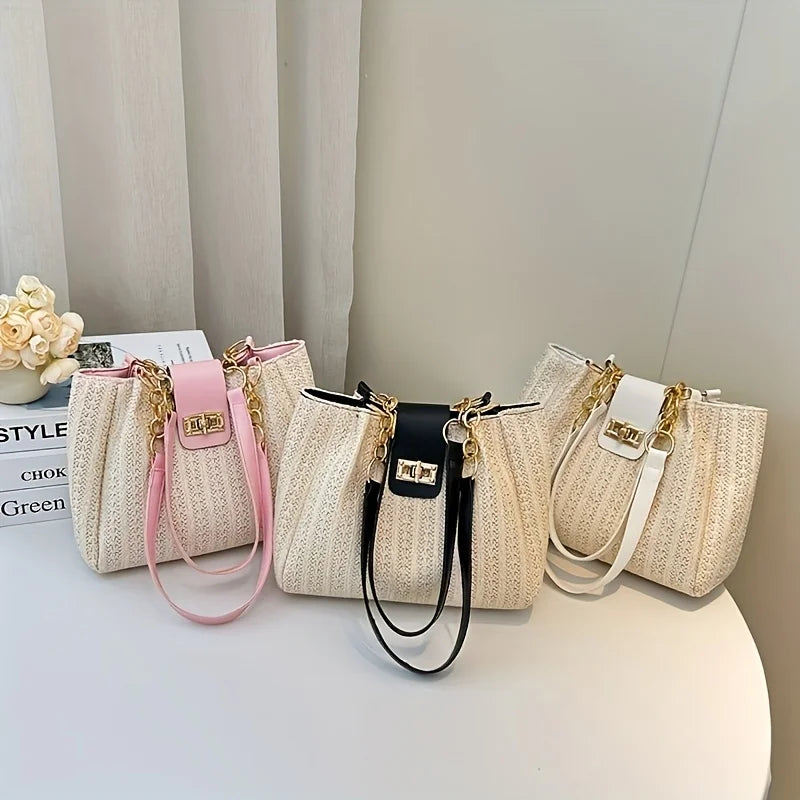 Grass Woven Patchwork Leather Korean Version Shoulder Bag Fashionable Women's Woven Handbag Suitable for Beach Parties Occasion