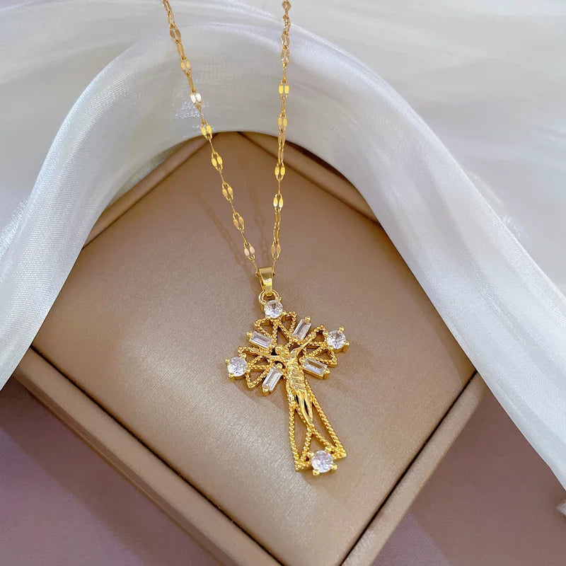 Full Zircon Cross Necklace For Women'S Gold Color Anti-Tarnish Titanium Steel Jewelry