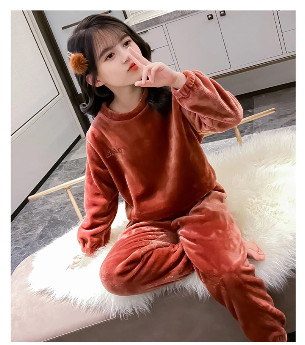 2pcs Boy Girl Kids Fall Winter Sleepwear Toddler Children Baby Coral Fleece Warm Sweatshirt Pant Set Flannel Pajama Pullover Top