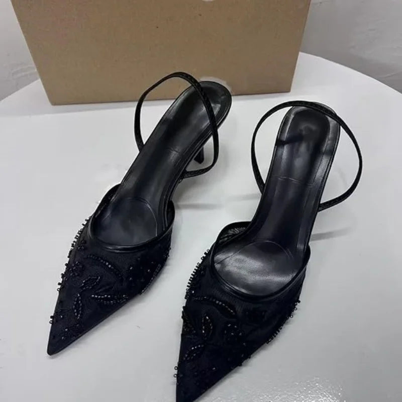Women's Mesh Floral Embroidered Slingback High Heels Female Open Heel Pearl Studded Pointed Toe Sandals Sexy Stiletto Lady Mules