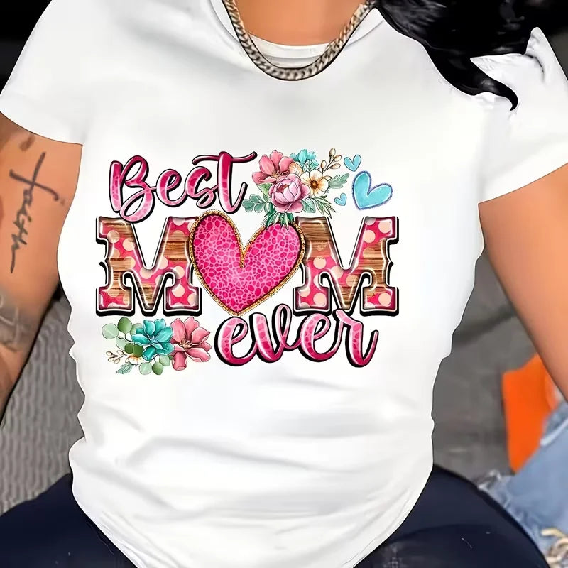 Women's Floral Heart Print T-Shirt - Casual Short Sleeve Round Neck