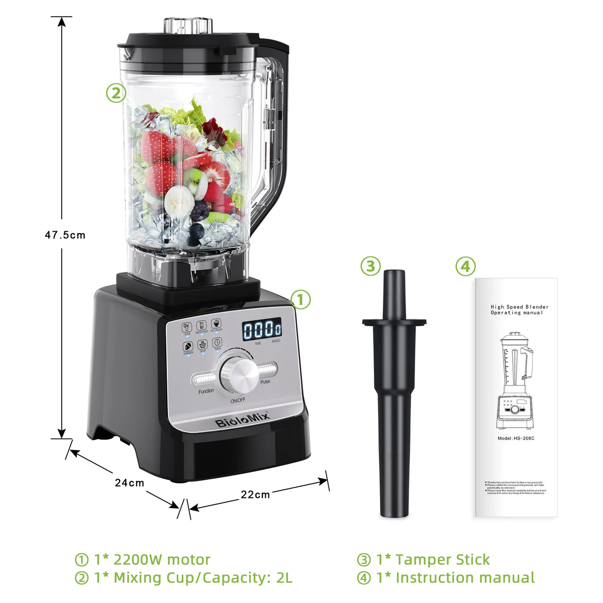 BioloMix 2200W Professional Blender for Smoothies And Juices Efficient Kitchen Appliance for Mixing Drinks