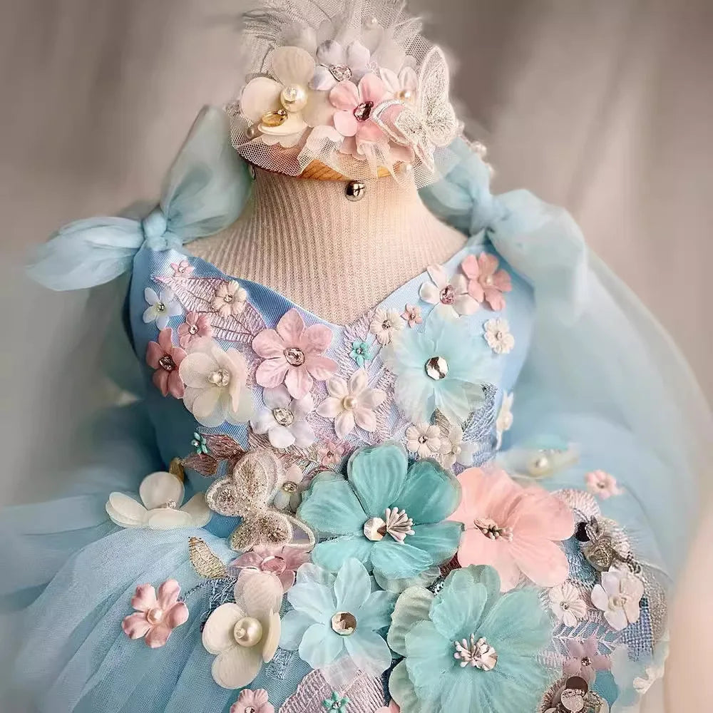 HETISO Lovely Appliques 3D Butterfly Flower Girl Dress For Wedding Children's Elegant Birthday Party Ball Gown 1-12 Years