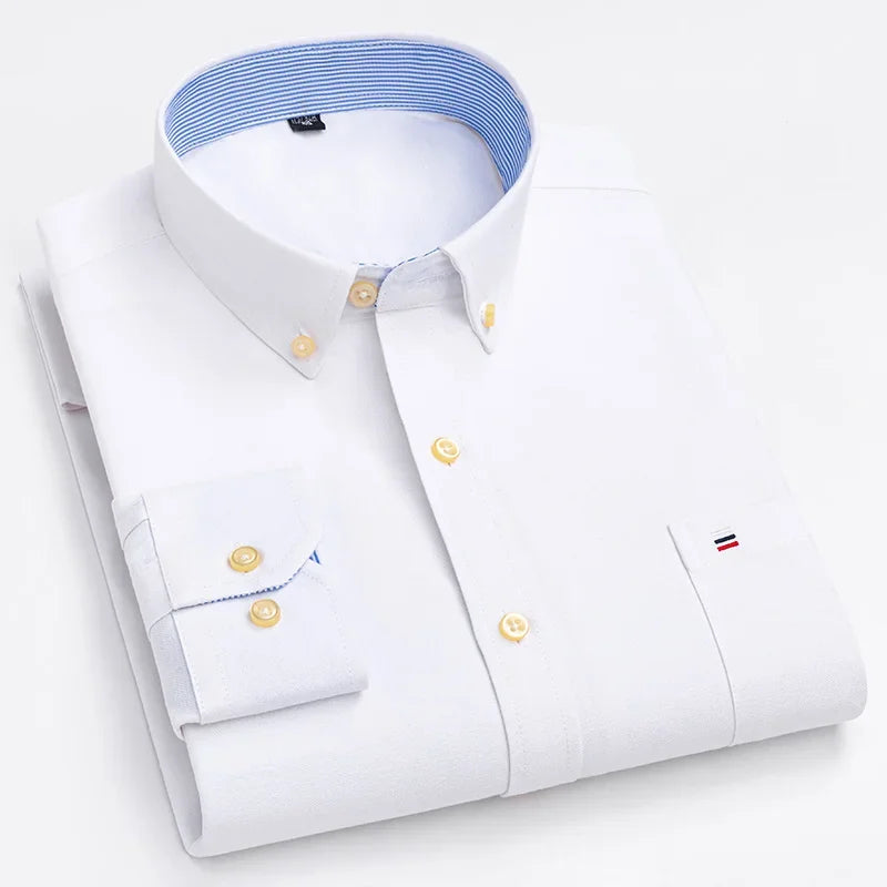 Pure Cotton Oxford Mens Shirt Long Sleeve Casual Plain Solid Regular Fit Classic Dress Shirt For Men