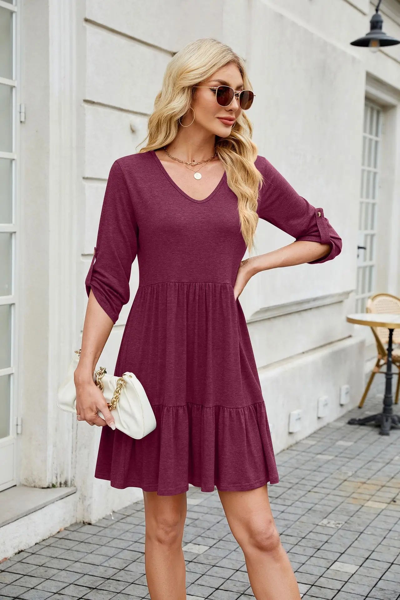 Women Spring Summer Loose 3/4 Sleeve V-Neck Ruched Ruffled Flowy Midi Dress EU US