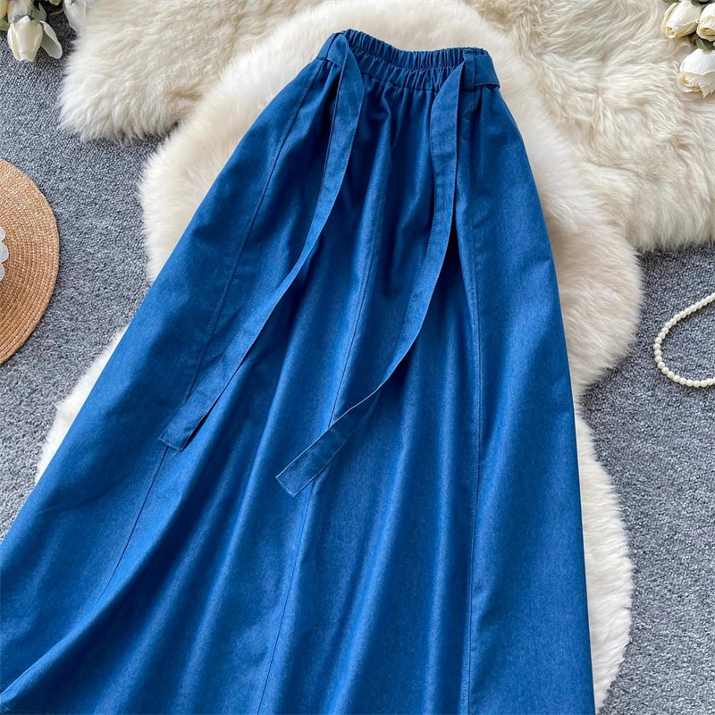 KAROFI Women Bow Tie Elastic Waist Denim Long Skirt Korean A Line Flowy Midi Jeans Skirt Casual Loose Vintage Blue Maxi Skirts