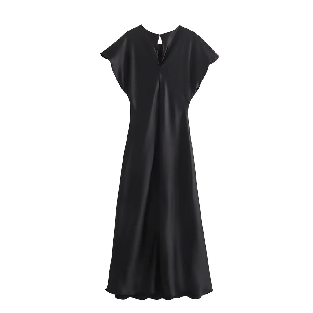 Woman Satin Midi Dress Summer Female Solid Fashion Elegant Long Dresses Lady Chic Short Sleeve O-Neck Evening Party Dress