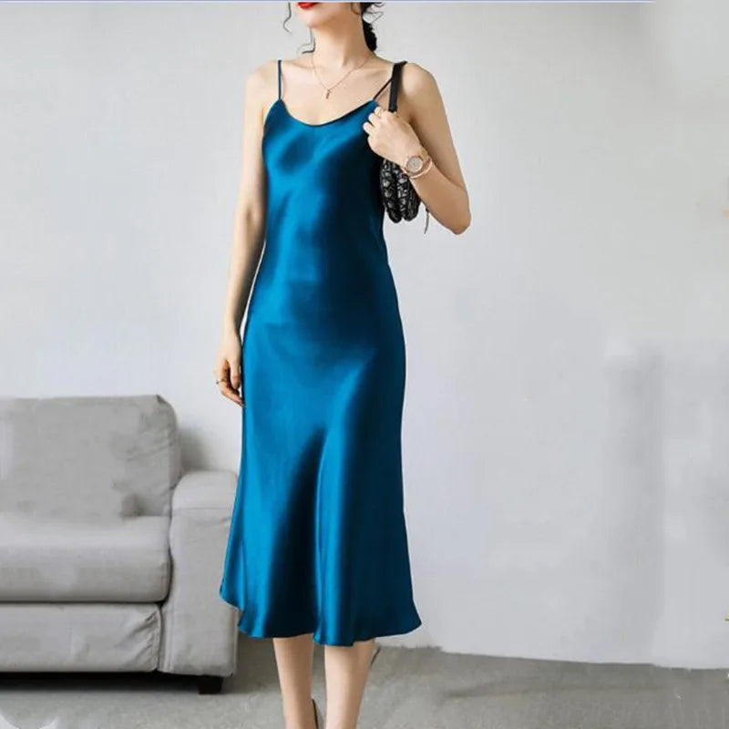 2026 fashion Sexy Satin Long Dress Summer Lady Acetate satin Party Dress High Waist Slim Female Retro Dress Red Pink robe femme