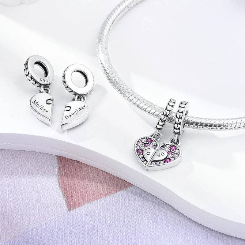 925 Sterling Silver Heart Charm Bead With Zircon Accent, GDTC Certified Fine Jewelry Gift For DIY Bracelet Makers