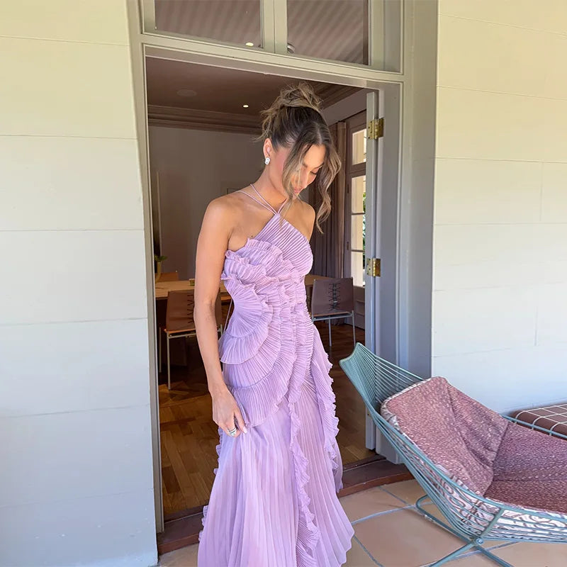 Elegant Purple Halter A Line Prom Dress With Chiffon Ruffles Tiered Backless Gown For Prom Night