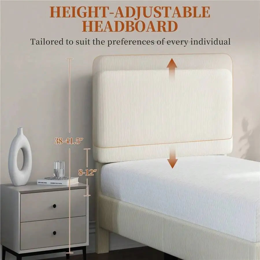 1PC Twin/Full/King Bed Frame With Adjustable Headboard, Mattress Foundation With Wooden Slat Support, Chenille Fabric Upholstered Headboard