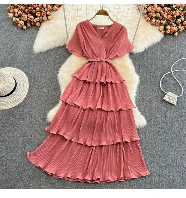 Beach Vaion Vintage Women's V-ne High-waist Cake Dr Ele Aosphere Maxi Skirt Loose Fit ort Sve Ci Commute