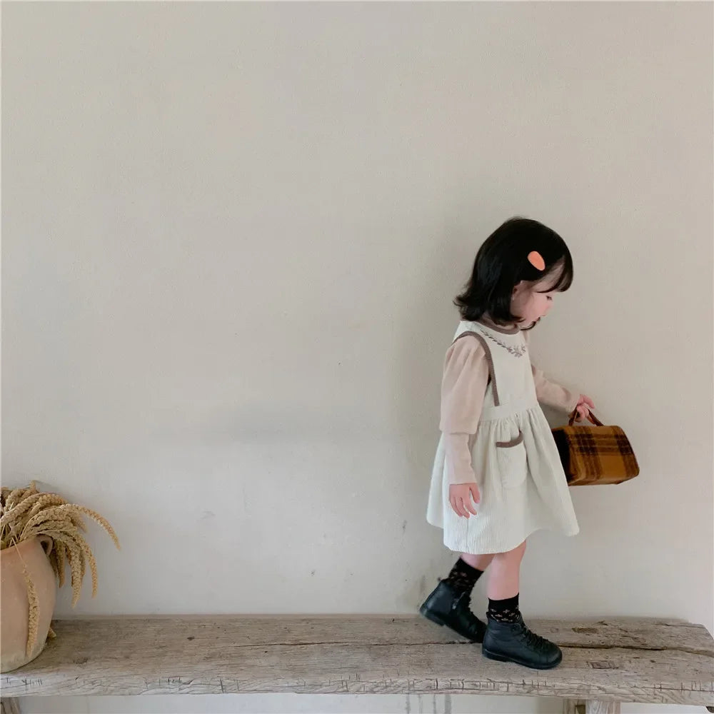 2025 Vinatge Baby Corduroy Sleeveless Dress Little Girls Sundress and Long Sleeve Tops Autumn Winter  Two Piece Set Children