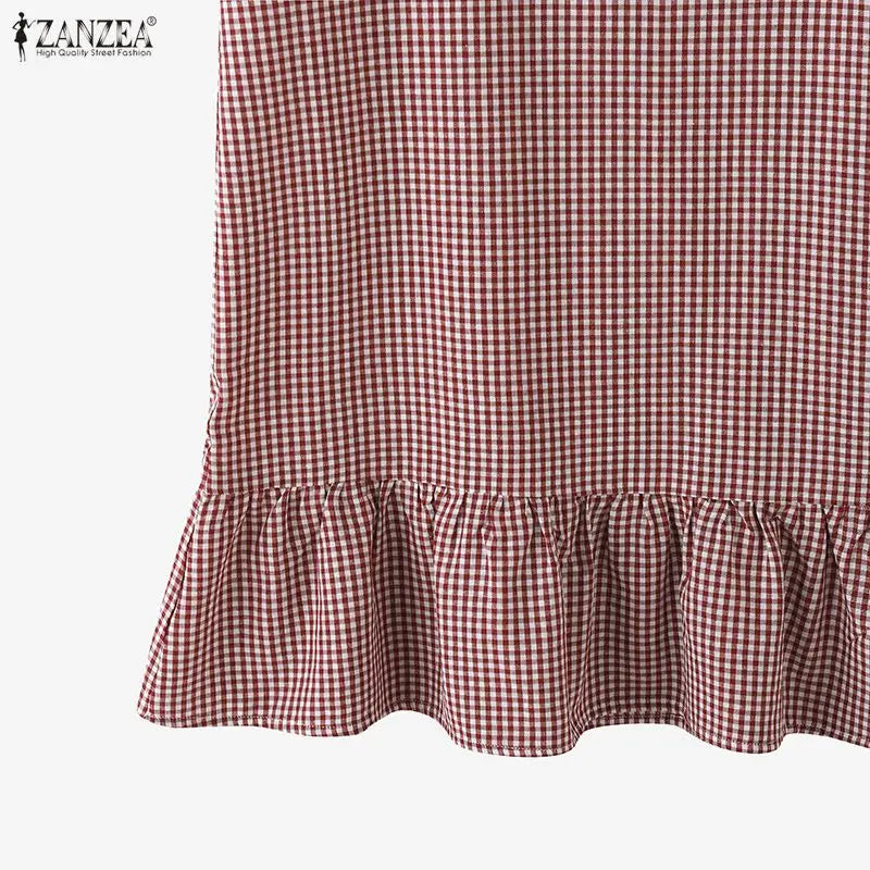 Summer Women's Gingham Knee-Length Dress Suqare Neck Short Puff Sleeve A-Line Ruffled Hem Dresses ZANZEA Daily Casual Robe Femme