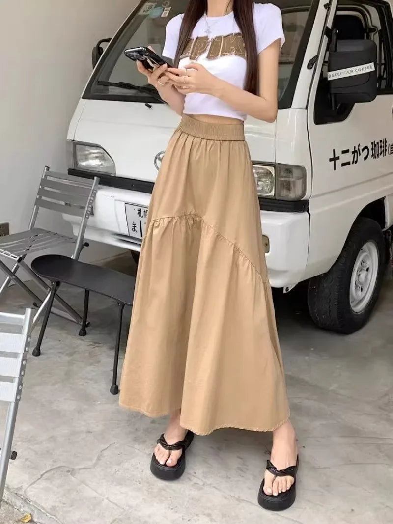 Elegant Women's Skirt Autumn New A-line Simple Fashion Solid Color Bustier Korean Pleated Splicing Elastic Waist Long Skirt