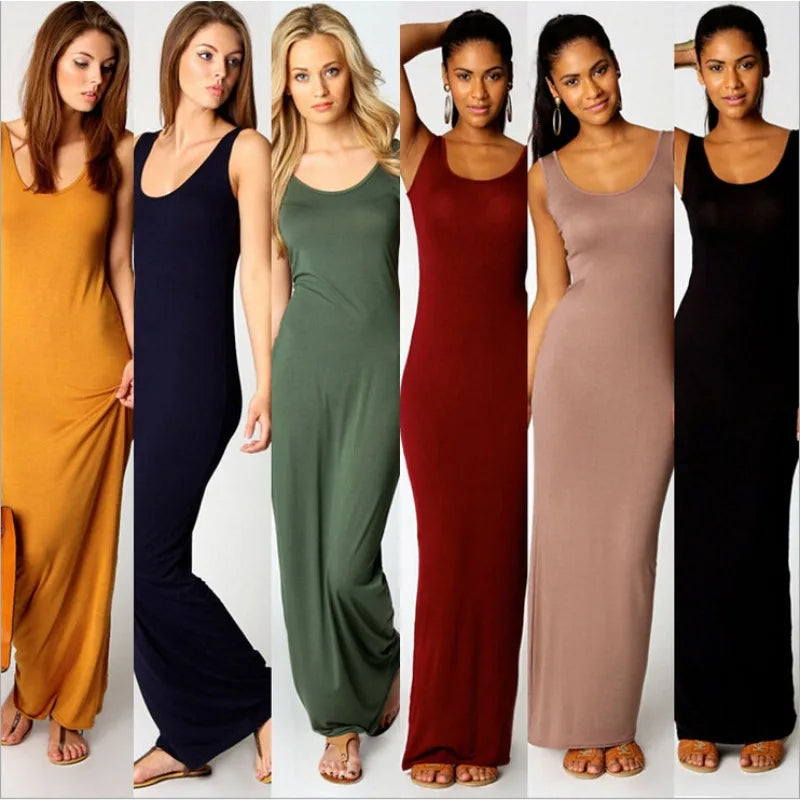 Women‘s Maxi Dress Sleeveless Bodycon Long Dress Elegant Casual Homewear Spring Summer Cool Solid-Color Dress