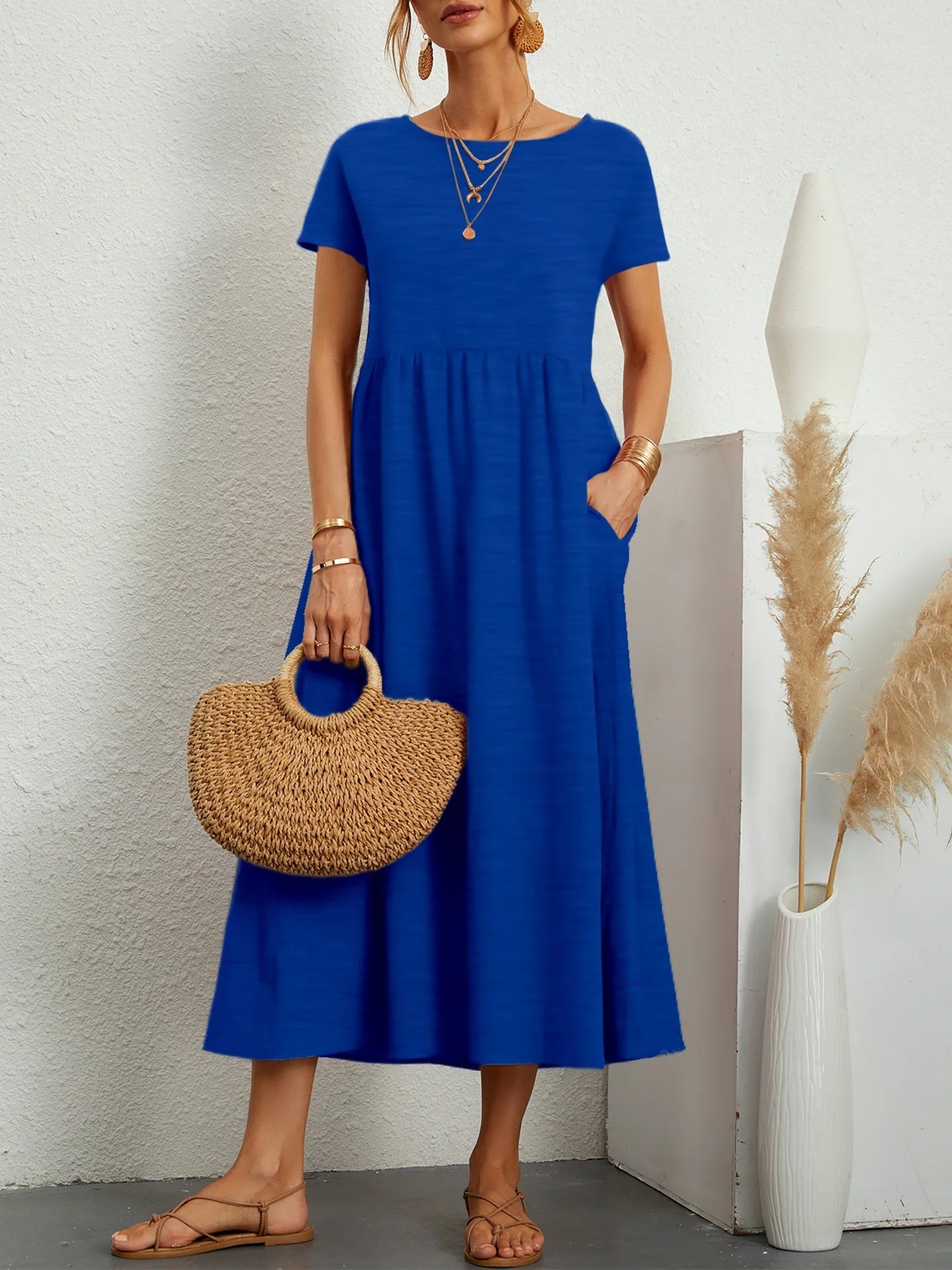 Casual Long Ice Silk round Neck Short Sleeve Dress Pure Color A-Line Skirt Comfortable Elastic Waist Elegant Commute Style