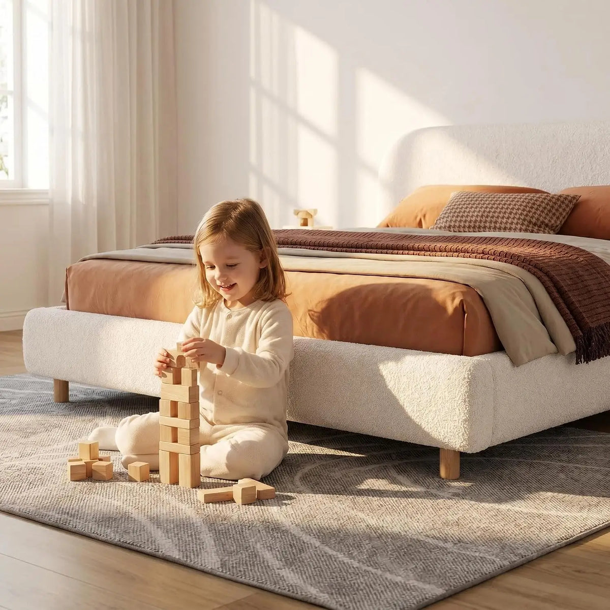 White Queen Size Boucle Bed Frame, Upholstered Cloud Beds Frames with Headboard, Soft Platform Bed Frame with, Customized
