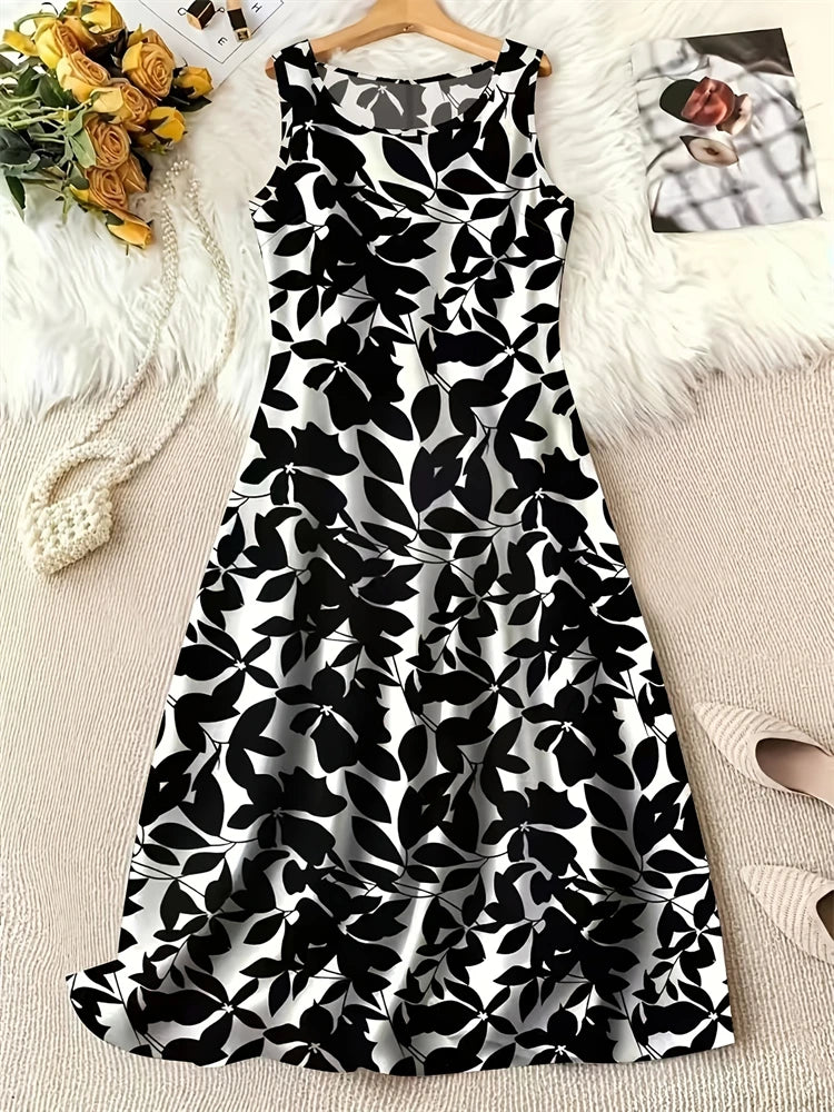 New Women's Summer Sleeveless Dress Round-Neck Loose-Fitting Dress Casual Botanical Floral Print Beach-Style Country Dress